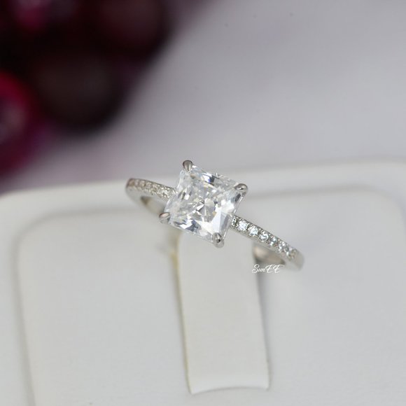 14k WHITE GOLD 925 STERLING SILVER PRINCESS CUT WEDDING BAND ENGAGEMENT RING - Picture 7 of 9